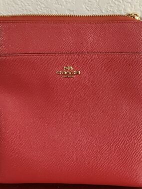 COACH Red Saffiano Leather Wristlet Clutch with Gold Hardware